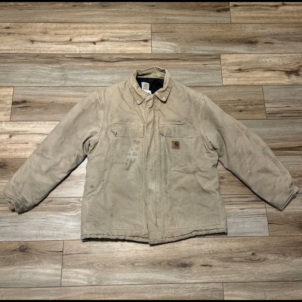 Men's Carhartt Duck Canvas Jacket SZ LARGE C26SDL Sand USA Made Quilt Lined